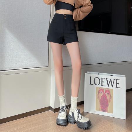 FA50598# 春秋新款口袋阔腿短裤女休闲黑色韩版高腰纯色外穿小个子热裤 服裝批發女裝批發服飾貨源