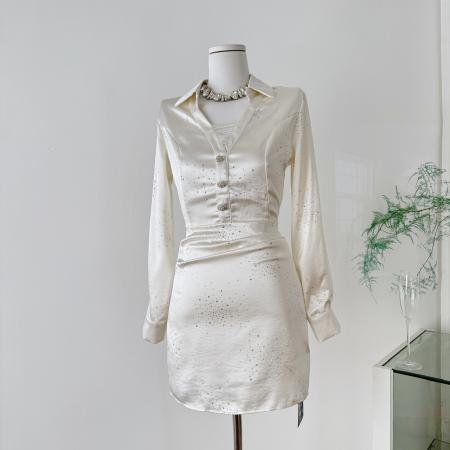 FA50600# 雅乔钻光银河秋季新款时尚缎面烫钻长袖衬衫连衣裙短裙 服裝批發女裝批發服飾貨源