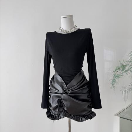 FAY深辰秋冬PU皮拼接假两件扭结褶皱修身包臀连衣裙 服裝批發女裝批發服飾貨源