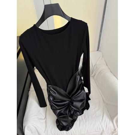 FAY深辰秋冬PU皮拼接假两件扭结褶皱修身包臀连衣裙 服裝批發女裝批發服飾貨源