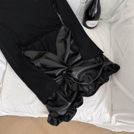 FAY深辰秋冬PU皮拼接假两件扭结褶皱修身包臀连衣裙 服裝批發女裝批發服飾貨源