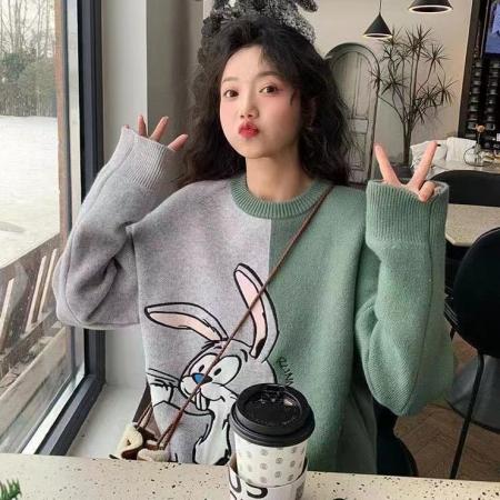 FA50604# 韩版网红小兔子拼色毛衣女宽松外穿复古秋冬爆款韩版慵懒风上衣 服裝批發女裝批發服飾貨源