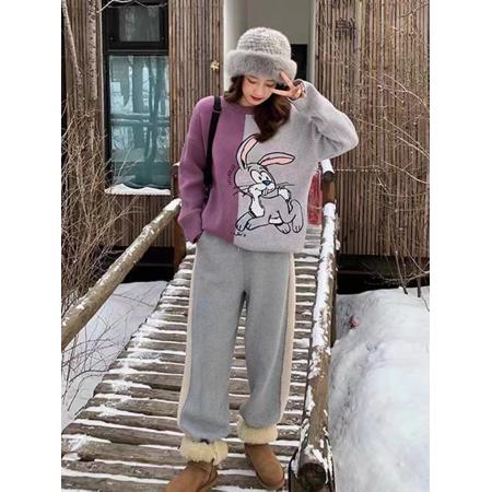 FA50604# 韩版网红小兔子拼色毛衣女宽松外穿复古秋冬爆款韩版慵懒风上衣 服裝批發女裝批發服飾貨源