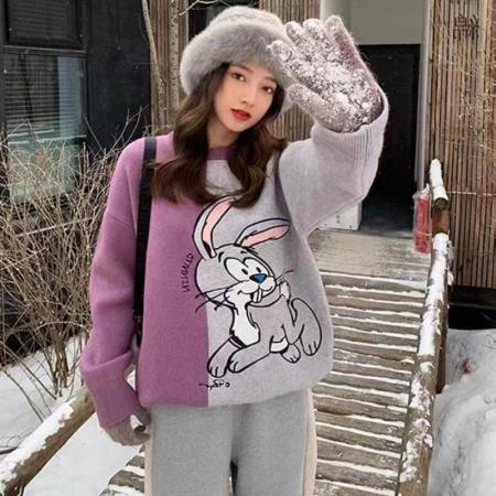 FA50604# 韩版网红小兔子拼色毛衣女宽松外穿复古秋冬爆款韩版慵懒风上衣 服裝批發女裝批發服飾貨源