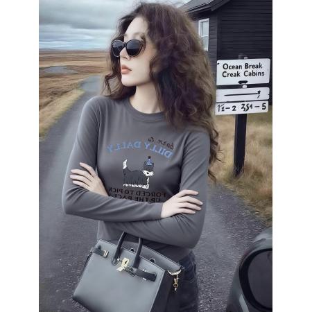 FA50608# 灰色卡通印花德绒内搭打底上衣女秋冬小个子修身磨毛长袖正肩t恤 服裝批發女裝批發服飾貨源