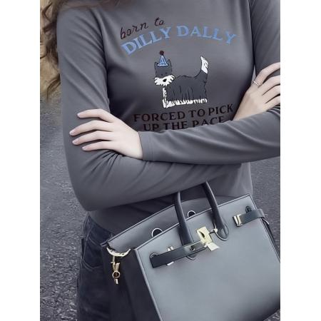 FA50608# 灰色卡通印花德绒内搭打底上衣女秋冬小个子修身磨毛长袖正肩t恤 服裝批發女裝批發服飾貨源