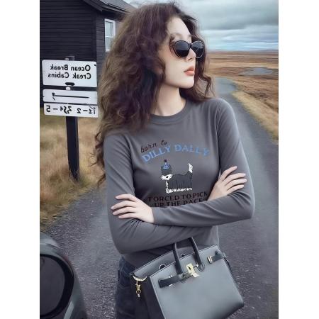 FA50608# 灰色卡通印花德绒内搭打底上衣女秋冬小个子修身磨毛长袖正肩t恤 服裝批發女裝批發服飾貨源