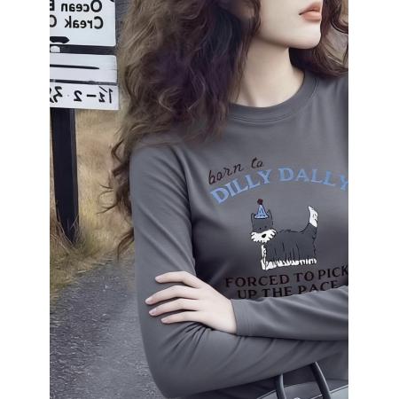 FA50608# 灰色卡通印花德绒内搭打底上衣女秋冬小个子修身磨毛长袖正肩t恤 服裝批發女裝批發服飾貨源