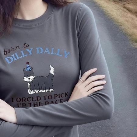 FA50608# 灰色卡通印花德绒内搭打底上衣女秋冬小个子修身磨毛长袖正肩t恤 服裝批發女裝批發服飾貨源