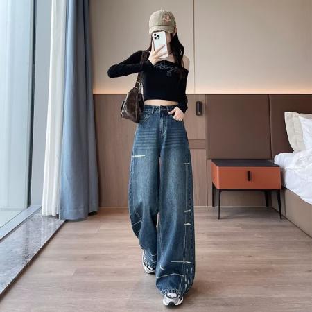 FA50621# 可调节腰扣阔腿牛仔裤女春夏季新款美式复古高腰宽松显瘦垂感拖地 服裝批發女裝批發服飾貨源