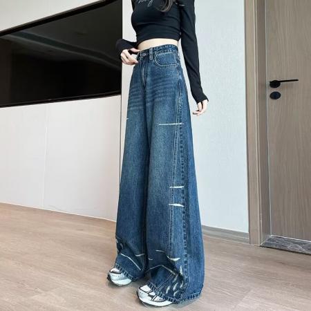 FA50621# 可调节腰扣阔腿牛仔裤女春夏季新款美式复古高腰宽松显瘦垂感拖地 服裝批發女裝批發服飾貨源