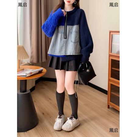 FA50623# 秋冬新款韩版牛仔拼接针织毛衣女原创设计感短款小众显瘦上衣 服裝批發女裝批發服飾貨源