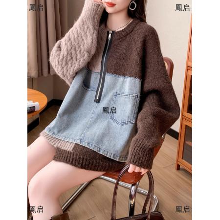 FA50623# 秋冬新款韩版牛仔拼接针织毛衣女原创设计感短款小众显瘦上衣 服裝批發女裝批發服飾貨源