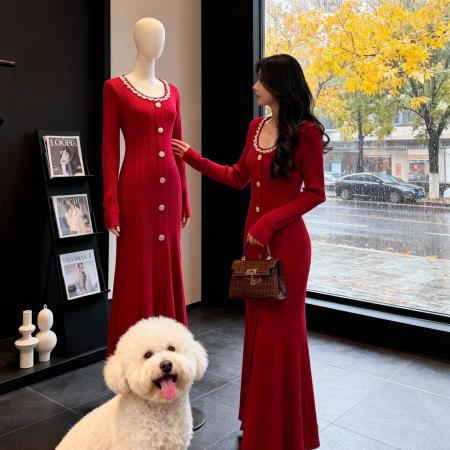 FA50628# 本命年法式针织连衣裙女秋冬新款高级感洋气名媛气质流行长裙 服裝批發女裝批發服飾貨源