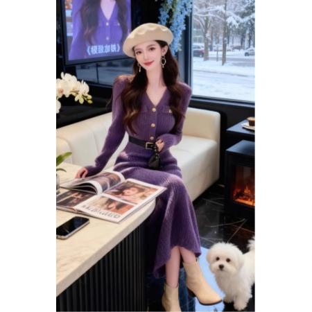 FA50629# 御姐风独特超好看紫色V领收腰修身包臀裙时尚气质针织连衣裙 服裝批發女裝批發服飾貨源