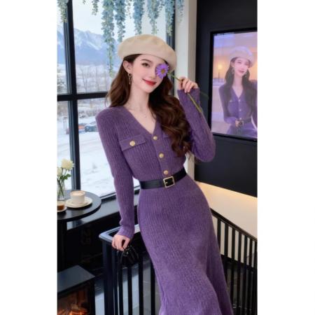 FA50629# 御姐风独特超好看紫色V领收腰修身包臀裙时尚气质针织连衣裙 服裝批發女裝批發服飾貨源