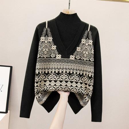 FA50634# 秋冬新款大码时尚半高领气质上衣撞色百搭减龄假两件针织衫女 服裝批發女裝批發服飾貨源