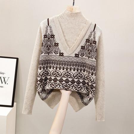 FA50634# 秋冬新款大码时尚半高领气质上衣撞色百搭减龄假两件针织衫女 服裝批發女裝批發服飾貨源