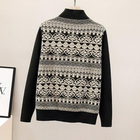 FA50634# 秋冬新款大码时尚半高领气质上衣撞色百搭减龄假两件针织衫女 服裝批發女裝批發服飾貨源