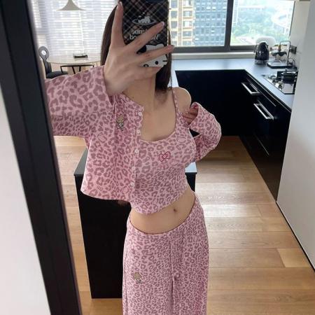 FA50636# 印花豹纹印花露腰吊带长袖开衫拖地长裤子三件套 服裝批發女裝批發服飾貨源