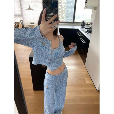 FA50636# 印花豹纹印花露腰吊带长袖开衫拖地长裤子三件套 服裝批發女裝批發服飾貨源