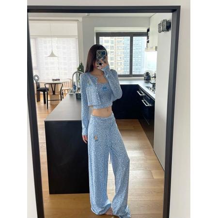 FA50636# 印花豹纹印花露腰吊带长袖开衫拖地长裤子三件套 服裝批發女裝批發服飾貨源