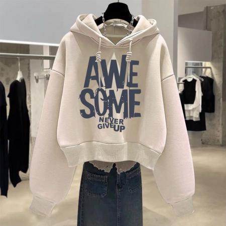 FA50637# 设计感小众秋冬新款加绒加厚套头连帽卫衣女短款宽松韩版外套 服裝批發女裝批發服飾貨源