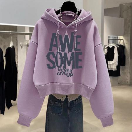 FA50637# 设计感小众秋冬新款加绒加厚套头连帽卫衣女短款宽松韩版外套 服裝批發女裝批發服飾貨源