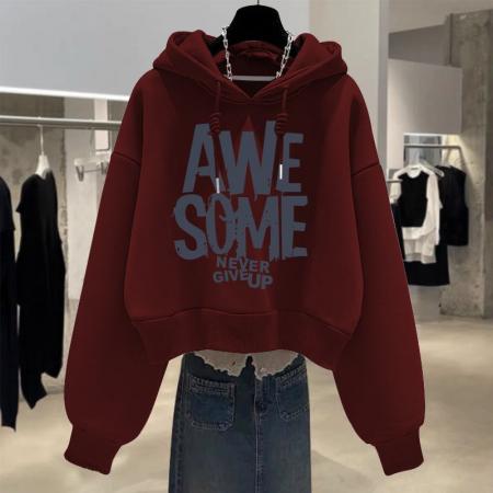 FA50637# 设计感小众秋冬新款加绒加厚套头连帽卫衣女短款宽松韩版外套 服裝批發女裝批發服飾貨源