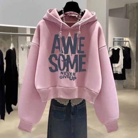 FA50637# 设计感小众秋冬新款加绒加厚套头连帽卫衣女短款宽松韩版外套 服裝批發女裝批發服飾貨源