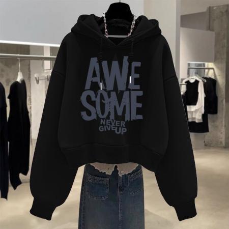 FA50637# 设计感小众秋冬新款加绒加厚套头连帽卫衣女短款宽松韩版外套 服裝批發女裝批發服飾貨源