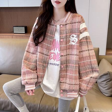 FA50638# 美式复古潮牌棒球服外套女加绒款设计感上衣大码宽松百搭休闲夹克 服裝批發女裝批發服飾貨源