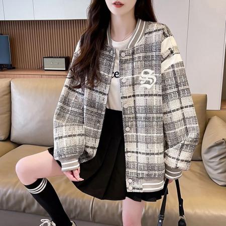 FA50638# 美式复古潮牌棒球服外套女加绒款设计感上衣大码宽松百搭休闲夹克 服裝批發女裝批發服飾貨源
