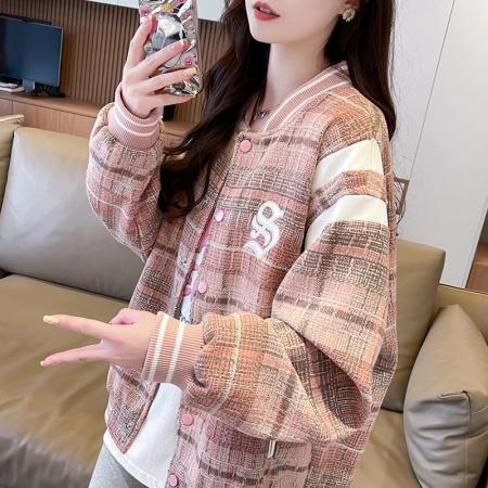 FA50638# 美式复古潮牌棒球服外套女加绒款设计感上衣大码宽松百搭休闲夹克 服裝批發女裝批發服飾貨源