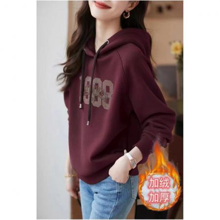FA50639# 休闲字母加绒卫衣冬季新款简约百搭抽绳连帽外套保暖上衣女 服裝批發女裝批發服飾貨源