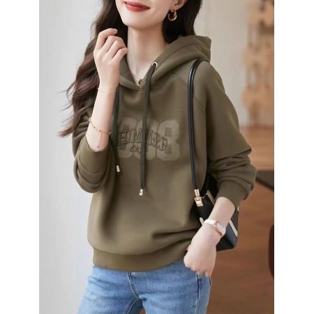 FA50639# 休闲字母加绒卫衣冬季新款简约百搭抽绳连帽外套保暖上衣女 服裝批發女裝批發服飾貨源