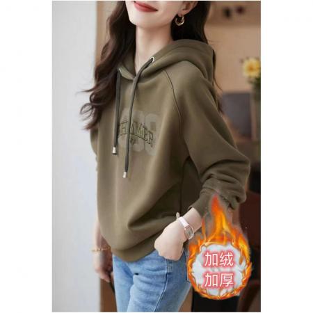 FA50639# 休闲字母加绒卫衣冬季新款简约百搭抽绳连帽外套保暖上衣女 服裝批發女裝批發服飾貨源