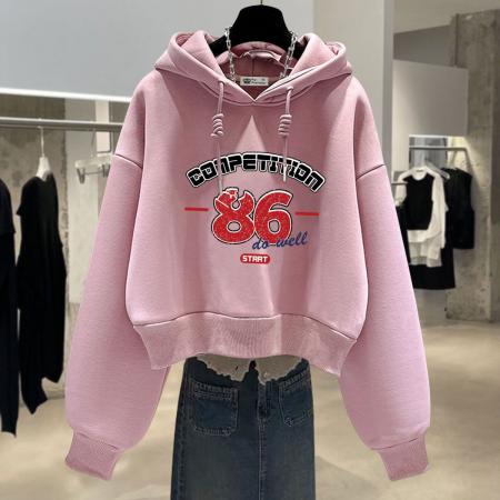FA50640# 连帽卫衣女加绒宽松春秋冬新款薄款数字小个子短款外套潮 服裝批發女裝批發服飾貨源