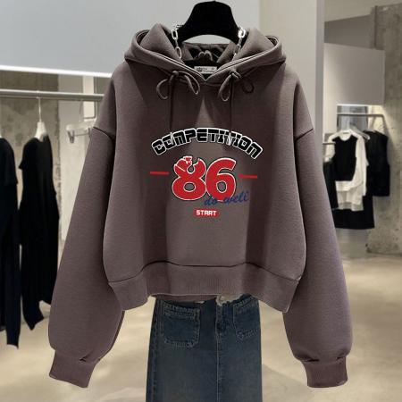 FA50640# 连帽卫衣女加绒宽松春秋冬新款薄款数字小个子短款外套潮 服裝批發女裝批發服飾貨源