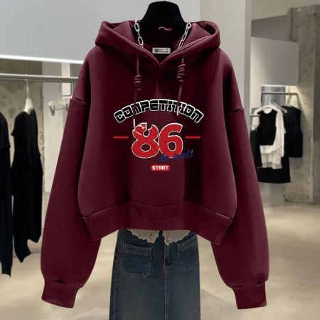 FA50640# 连帽卫衣女加绒宽松春秋冬新款薄款数字小个子短款外套潮 服裝批發女裝批發服飾貨源