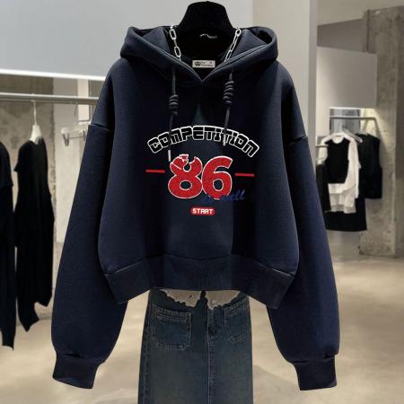 FA50640# 连帽卫衣女加绒宽松春秋冬新款薄款数字小个子短款外套潮 服裝批發女裝批發服飾貨源