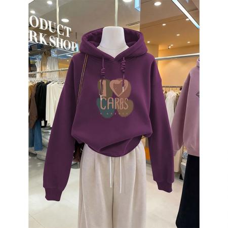 FA50641# 加绒连帽卫衣女秋冬新款山东即墨爱心字母印花长袖上衣服 服裝批發女裝批發服飾貨源