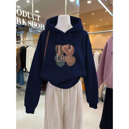 FA50641# 加绒连帽卫衣女秋冬新款山东即墨爱心字母印花长袖上衣服 服裝批發女裝批發服飾貨源