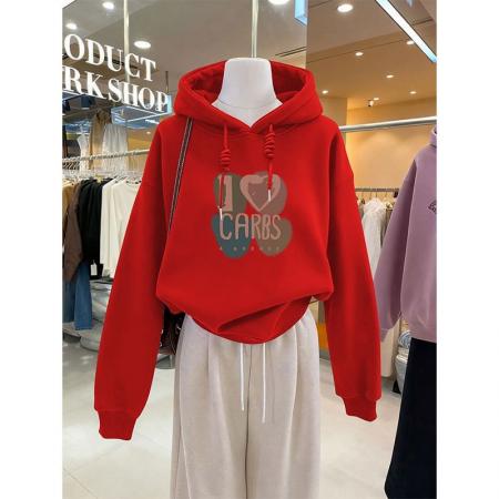 FA50641# 加绒连帽卫衣女秋冬新款山东即墨爱心字母印花长袖上衣服 服裝批發女裝批發服飾貨源