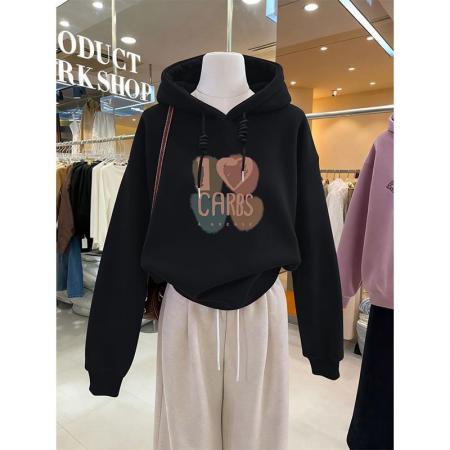 FA50641# 加绒连帽卫衣女秋冬新款山东即墨爱心字母印花长袖上衣服 服裝批發女裝批發服飾貨源