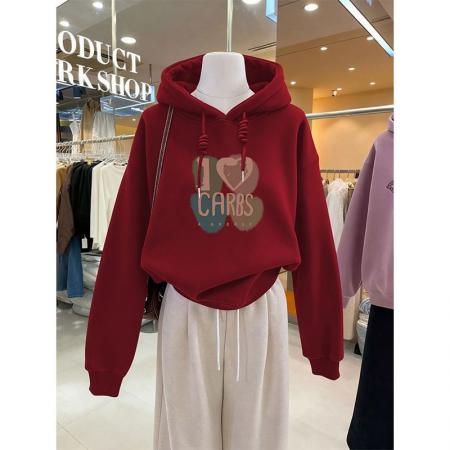 FA50641# 加绒连帽卫衣女秋冬新款山东即墨爱心字母印花长袖上衣服 服裝批發女裝批發服飾貨源