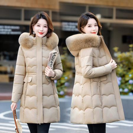 FA50642# 外贸新款大毛领棉衣女中长款修身显瘦时尚简约棉衣女夹克外套 服裝批發女裝批發服飾貨源