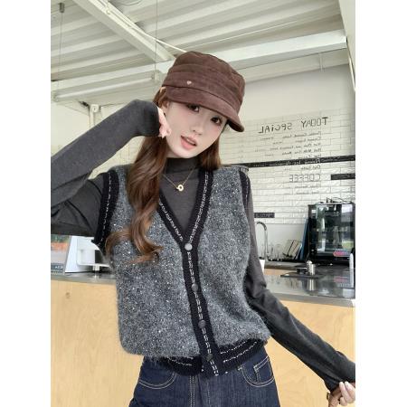 FA50651# 亮片V领马甲背心+半高领纯色打底 服裝批發女裝批發服飾貨源