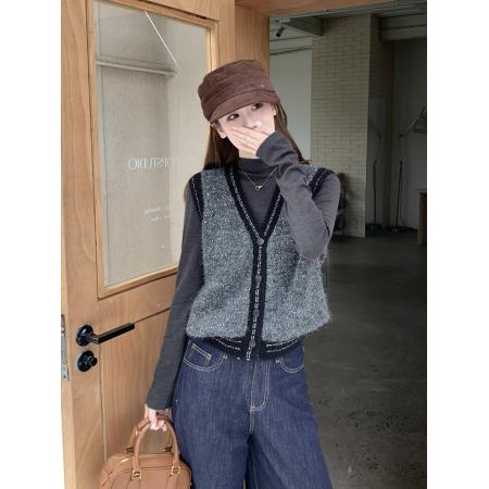 FA50651# 亮片V领马甲背心+半高领纯色打底 服裝批發女裝批發服飾貨源