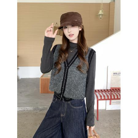 FA50651# 亮片V领马甲背心+半高领纯色打底 服裝批發女裝批發服飾貨源